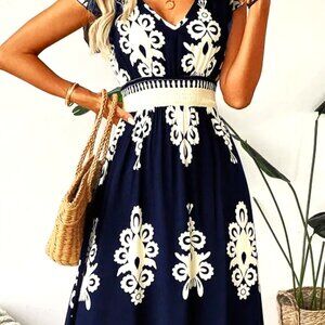 NAVY BLUE PATTERN L & XL MIDWAIST STRETCH V-NECK CASUAL A LINE MAXI DRESS
